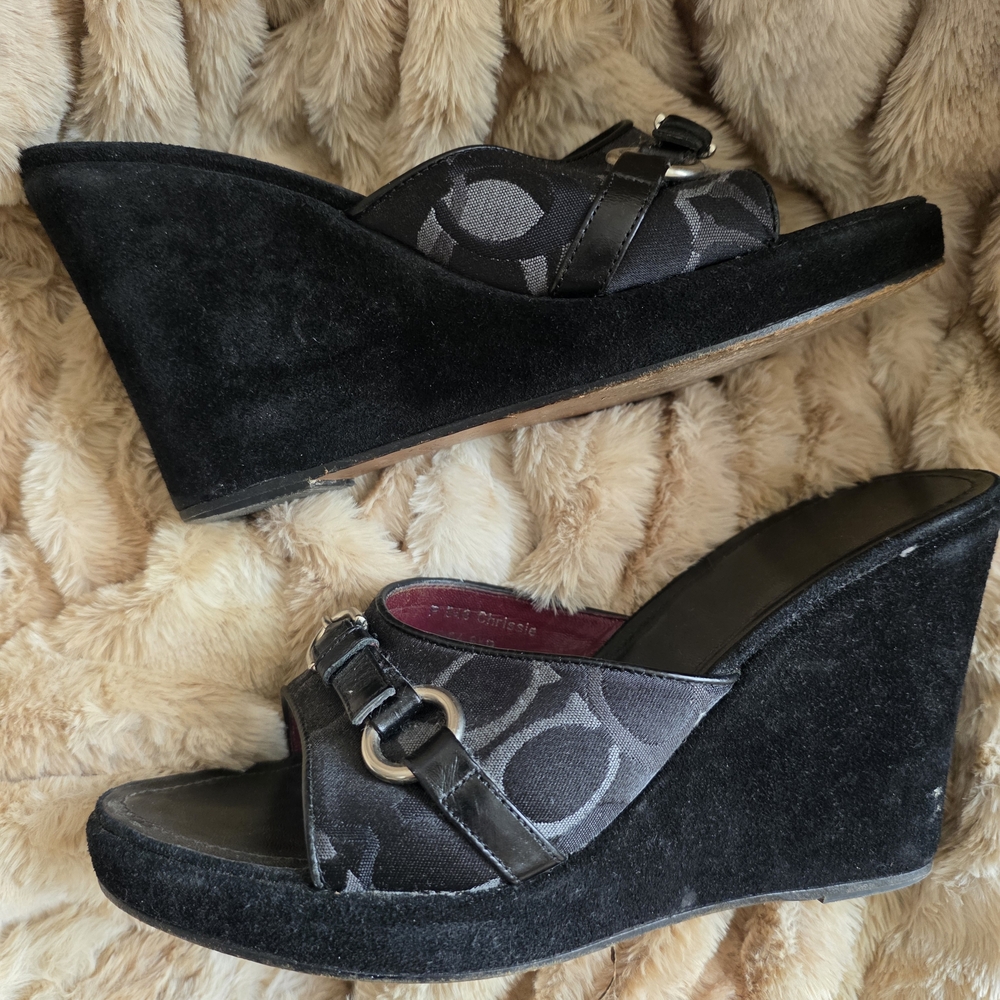 Coach Signature Canvas Wedge Slide Sandals Black Size 8.5